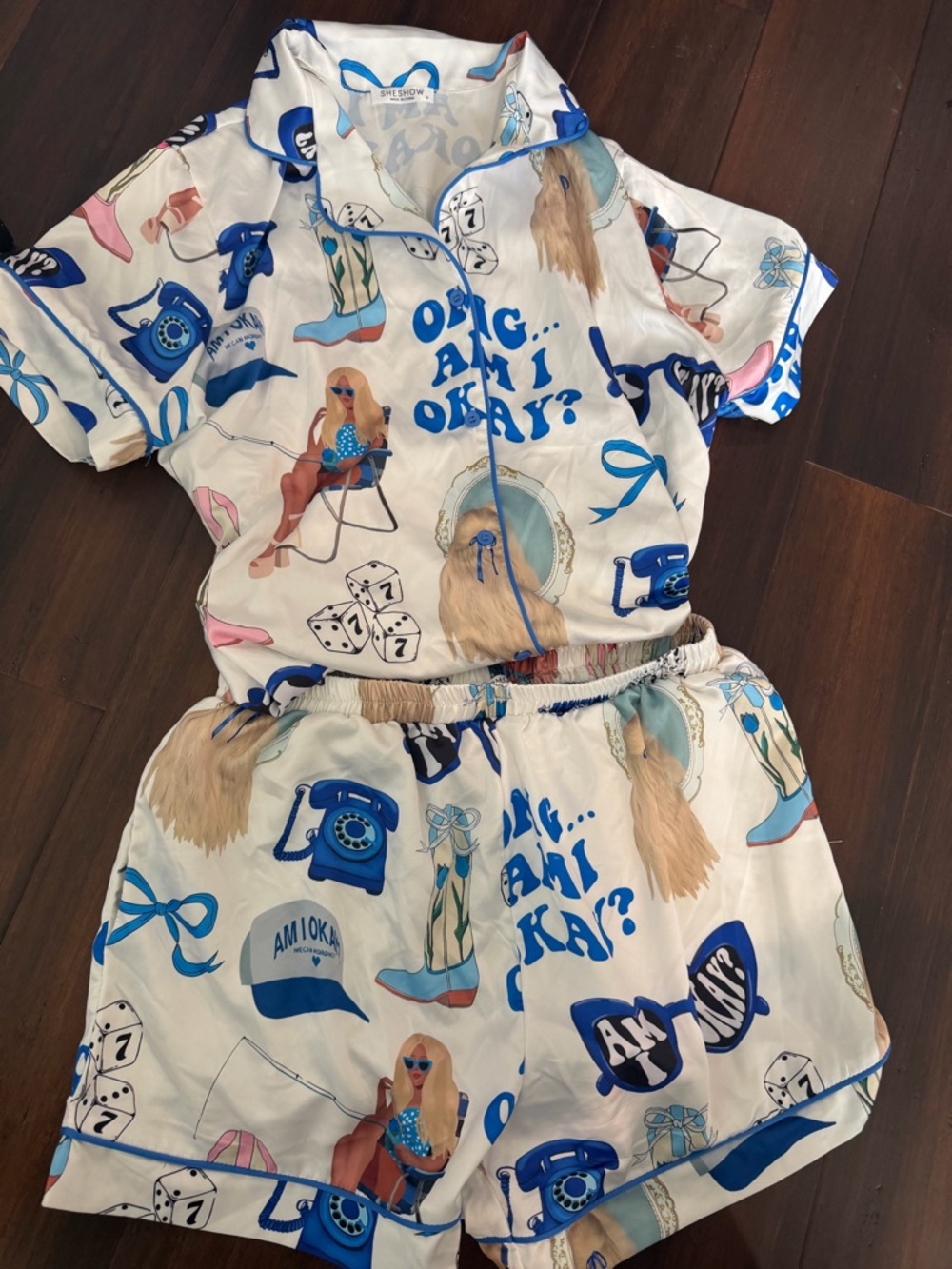 Women’s Short Pajama Set - White & Blue Printed Satin